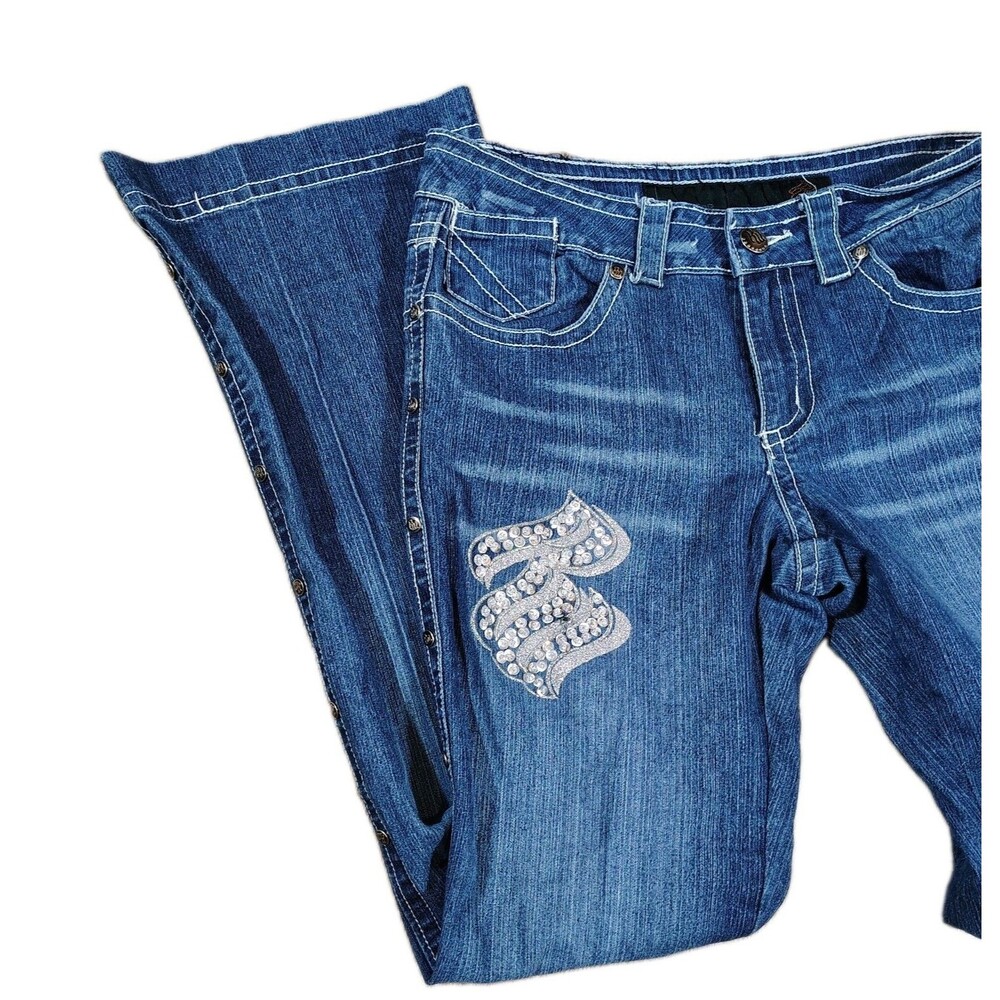 Rocawear Women's Denim Jeans Size 9 Flare Leg Sequins Studded Y2K Streetwear - Picture 2 of 12
